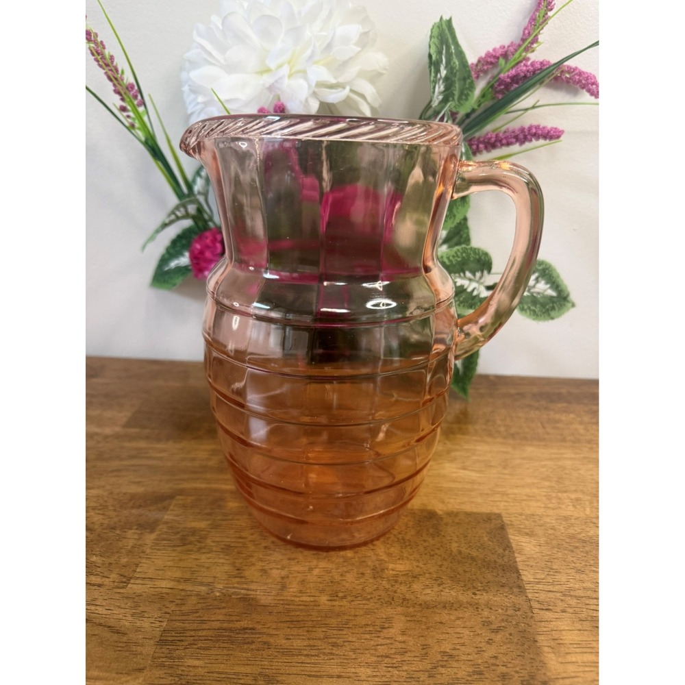 Vintage Anchor Hocking Pink Block Optic Glass Pitcher Depression Glass Jug Decor